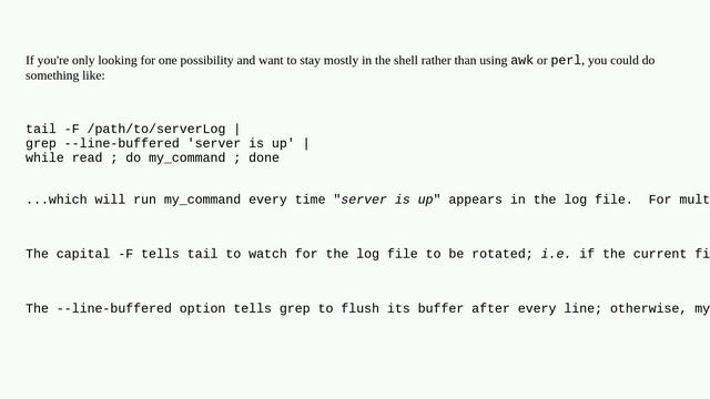 Unix: Best way to follow a log and execute a command when some text appears in the log смотреть онлайн