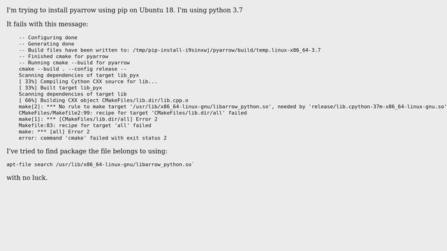 pyarrow problem: No rule to make target '/usr/lib/x86_64-linux-gnu/libarrow_python.so' смотреть онлайн