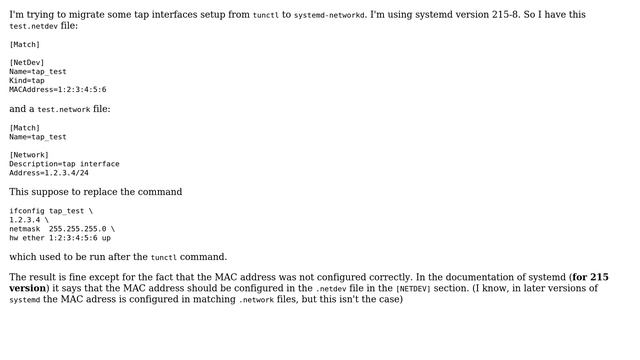 Unix & Linux: Unable to set mac address to tap interface using systemd-networkd смотреть онлайн