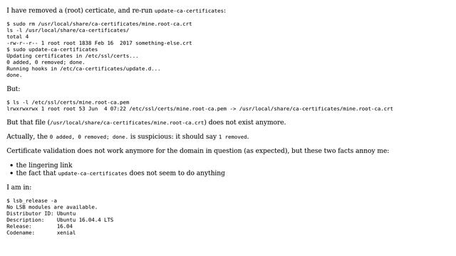 Removing certificate and re-running update-ca-certificates leaves lingering symlinks смотреть онлайн