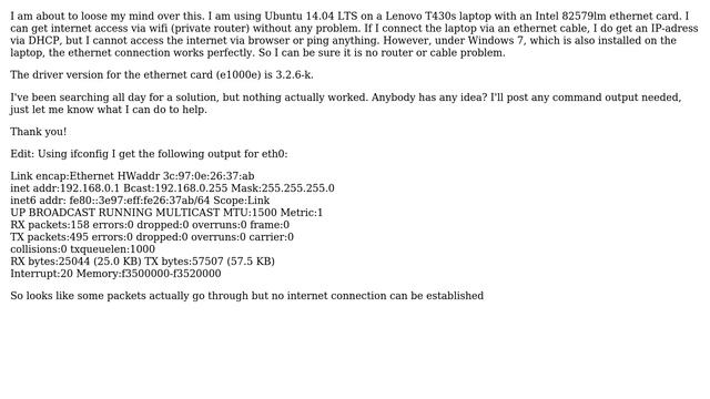 Ubuntu: No internet access via ethernet, while wifi works (82579lm, ubuntu 14.04) смотреть онлайн