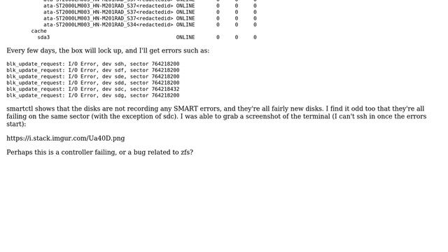 Ubuntu 14.04 blk_update_request I/O error on same sector across all drives with ZFS смотреть онлайн