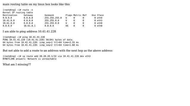 Network is unreachable message even when I am able to ping next hop address смотреть онлайн