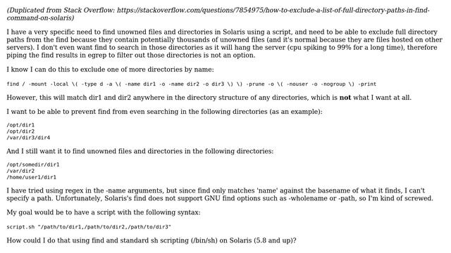 Unix & Linux: How to exclude a list of full directory paths in find command on Solaris? смотреть онлайн