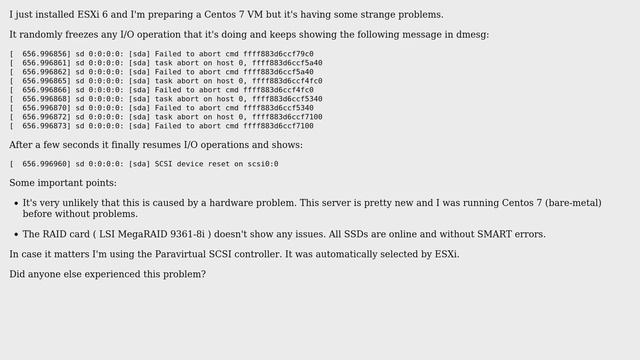 DevOps & SysAdmins: Centos 7 + ESXi 6: intermittent freezes with sd 0:0:0:0: s task abort on host 0 смотреть онлайн