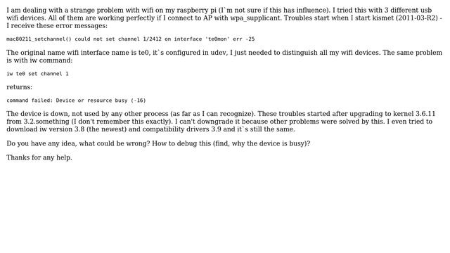 Cannot Change Wifi Channel On Linux 3.6.11 With Iw And Kismet (device Busy Error)
