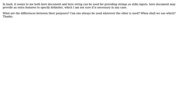 Unix & Linux: What are the differences between here document and here string in their purposes? смотреть онлайн