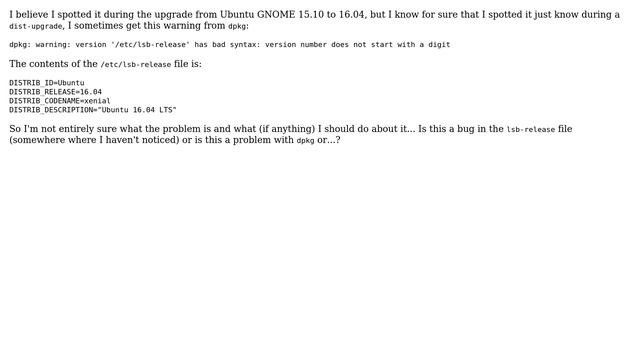 Ubuntu: dpkg warning about '/etc/lsb-release' version number not starting with a digit смотреть онлайн