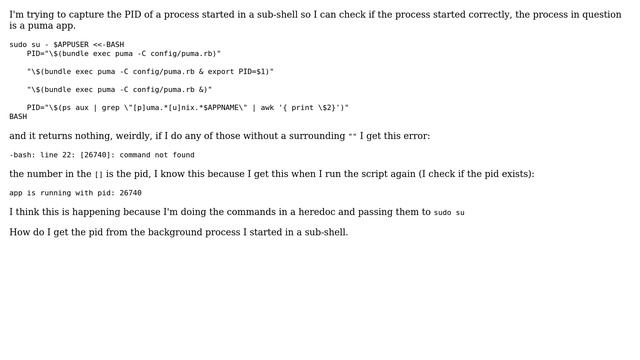 Can't capture PID from background process started in a sub-shell that's running in a heredoc... смотреть онлайн