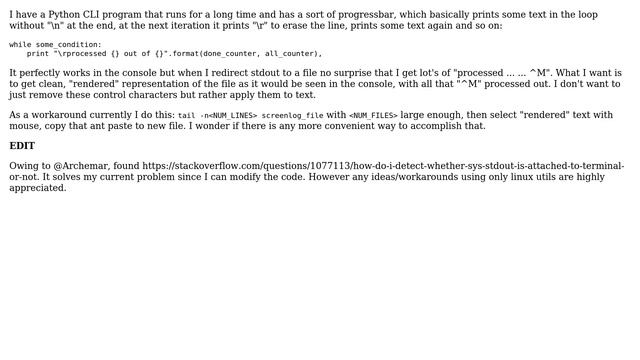 Unix & Linux: "render" textfile with carriage returns (^M) and save output to file смотреть онлайн
