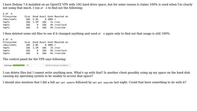 Unix & Linux: Debian 7.6 OpenVZ VPS claims full disk usage when it's clearly not true смотреть онлайн