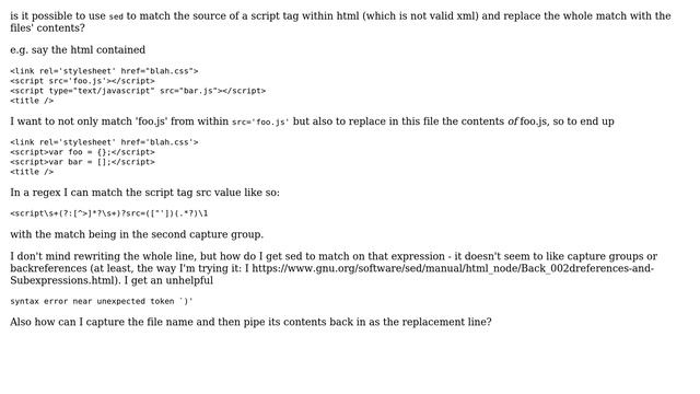 Unix & Linux: bash script to replace script tags in html with their content смотреть онлайн