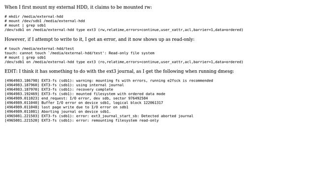 Unix & Linux: External HDD appears to be mounted rw, but switches to ro смотреть онлайн