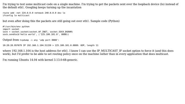 Unix & Linux: Linux Ignoring Multicast Route Over Loopback
