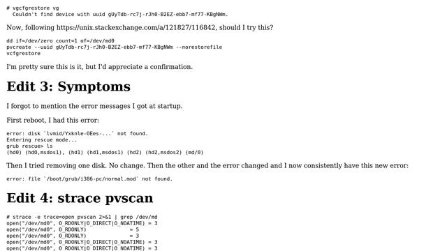 Unix & Linux: Recover LVM (on RAID1): No volume groups found. Partition table erased? смотреть онлайн