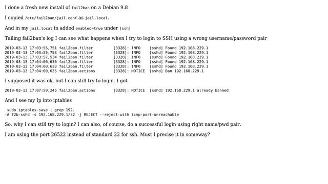 Unix & Linux: fail2ban has banned my Ip but I can still login using SSH смотреть онлайн