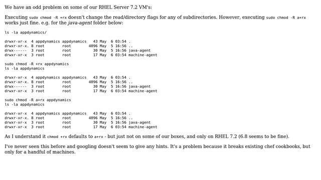 DevOps & SysAdmins: chmod -R +rx on RHEL 7.2 doesn't set permissions смотреть онлайн