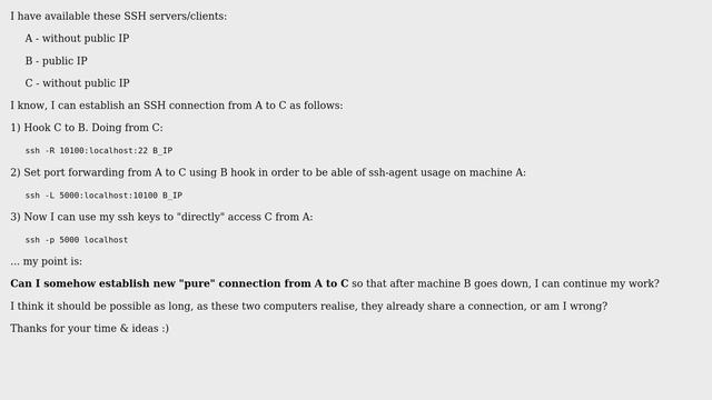Set up direct SSH connection from A to C without public IPs using one public SSH server смотреть онлайн