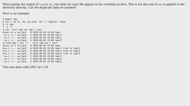Unix & Linux: piping output of find to tar: avoiding duplicate links to files in archive смотреть онлайн