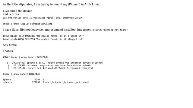 Can't Mount iPhone 5 in Linux - lsusb finds device / no dmesg / ipheth command not found /... смотреть онлайн