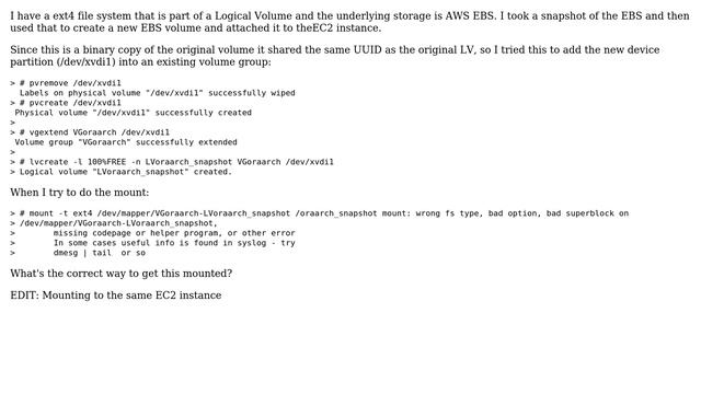 How to mount a LVM controlled ext4 file system stored on a AWS EBS volume built from a snapshot? смотреть онлайн