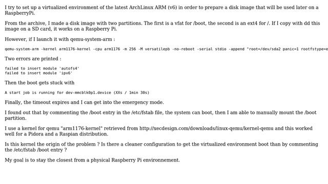 Raspberry Pi: Arch Linux ARM does not boot with QEMU смотреть онлайн