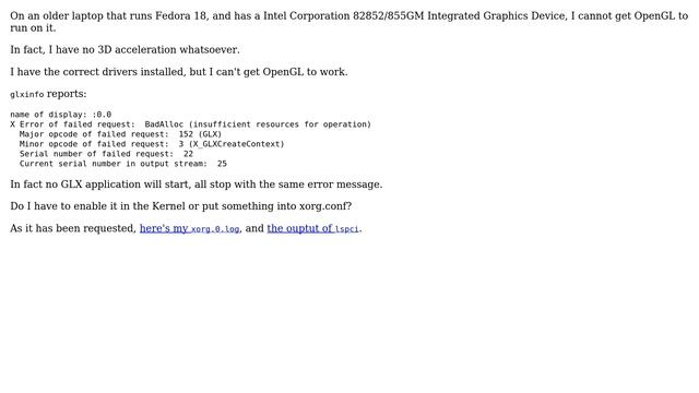 How to enable OpenGL rendering on Fedora 18 with an Intel Corporation 82852/855GM? (3 Solutions!!) смотреть онлайн