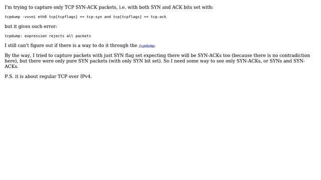 Capture only TCP SYN-ACK packets with tcpdump смотреть онлайн
