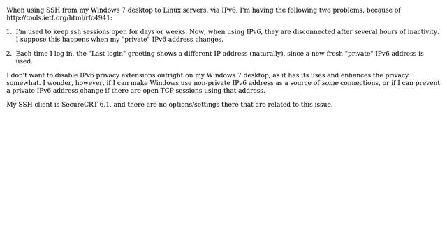 How to prevent IPv6 privacy extensions from breaking my long-lived SSH sessions? смотреть онлайн