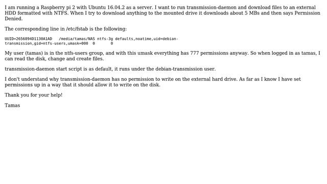 Permission denied when tyring to use Transmission to download files to a mounted NTFS drive смотреть онлайн