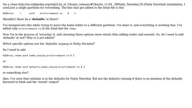 Ubuntu: Default fstab mount options смотреть онлайн