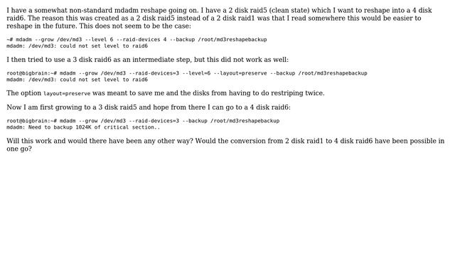 MDADM reshape 2 disk raid 5 to 4 disk raid6 смотреть онлайн