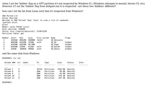 Setting the 'hidden' attribute on a partion from Linux (parted) isnt respected by Windows? смотреть онлайн