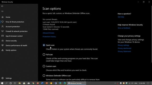 Windows 10 November 2019 update Windows Security Quick Scan Full Scan Custom scan offline scan смотреть онлайн