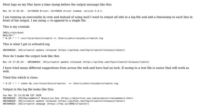 Unix & Linux: How to redirect output to a log file from cron and prepend timestamp? смотреть онлайн