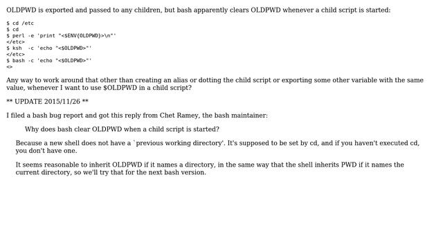 Unix & Linux: Why does bash clear OLDPWD when a child script is started? смотреть онлайн