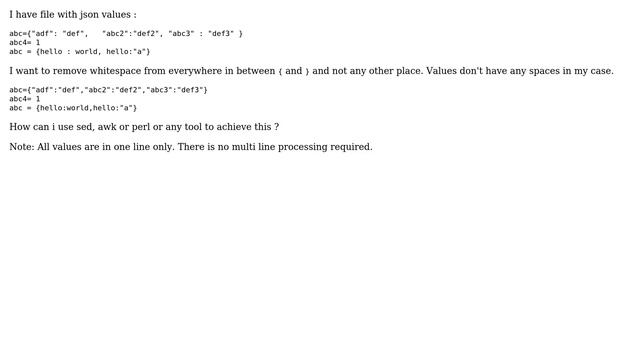 Unix & Linux: Remove whitespace only between two characters { and } in file смотреть онлайн