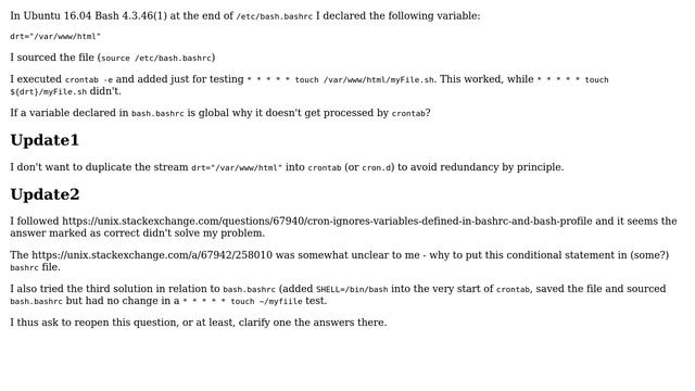 Unix & Linux: crontab doesn't get bash.bashrc variables смотреть онлайн