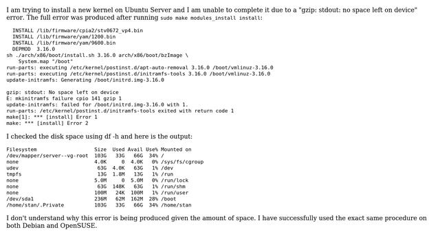 Unable to install new kernel in ubuntu server. "gzip: stdout: No space left on device" error... смотреть онлайн