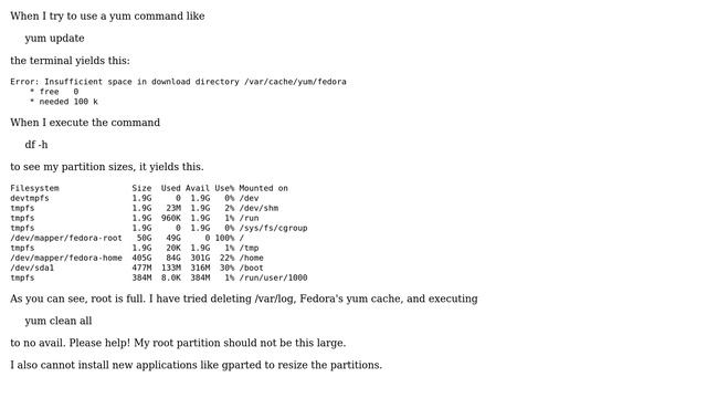 Fedora 21 reports root file system as 100% full, cannot use yum (2 Solutions!!) смотреть онлайн