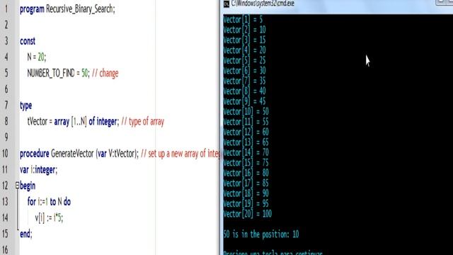 Divide and Conquer Algorithm example: Recursive Binary Search [ FREE PASCAL ] смотреть онлайн