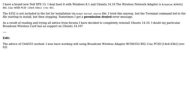 How can I install Broadcom Wireless Adapter BCM4352 802.11ac PCID [14e4:43b1] (rev 03) on fresh... смотреть онлайн