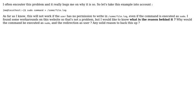Unix & Linux: Why does "redirect to a file" is executed as user, even with sudo? смотреть онлайн