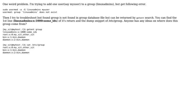 one valid linux group missing in /etc/group but can be found in getent group смотреть онлайн