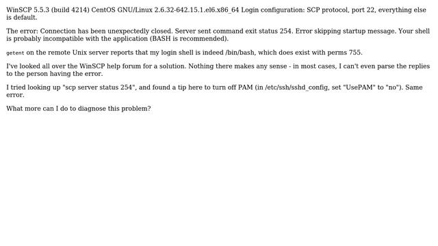 WinSCP closes; server exit status 254; "Your shell is probably incompatible with the application" смотреть онлайн