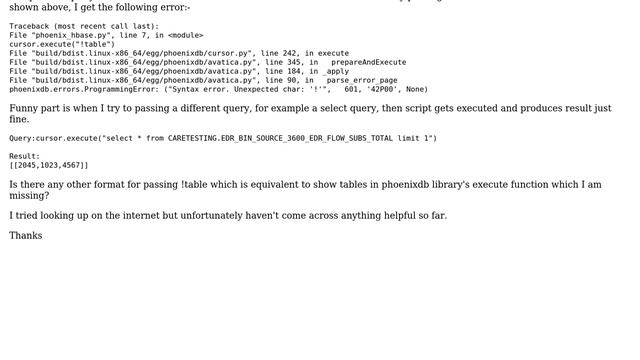 [Python]:phoenixdb.errors.ProgrammingError: ("Syntax error. Unexpected char: '!'", 601, '42P00',... смотреть онлайн
