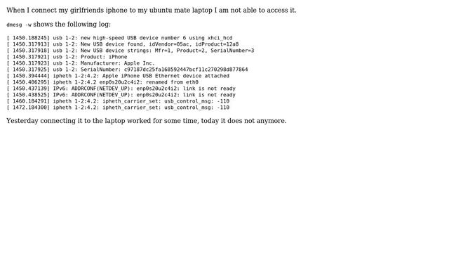 Unix & Linux: What does ipheth_carrier_set: usb_control_msg: -110 mean смотреть онлайн
