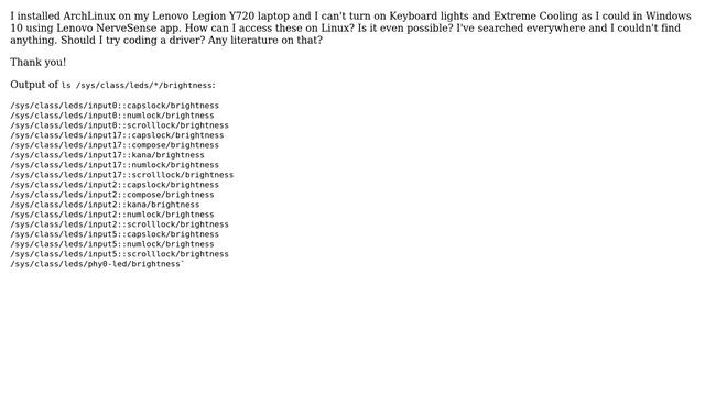 Unix & Linux: Lenovo Y720 Keyboard backlight & Extreme cooling on Arch Linux смотреть онлайн