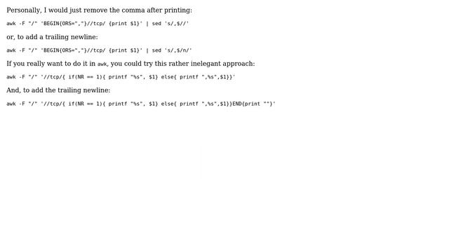 Unix & Linux: How to separate output records by ',' while avoiding the trailing comma in awk? смотреть онлайн