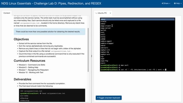 NDG Linux Essentials - Challenge Lab D: Pipes, Redirection, and REGEX смотреть онлайн